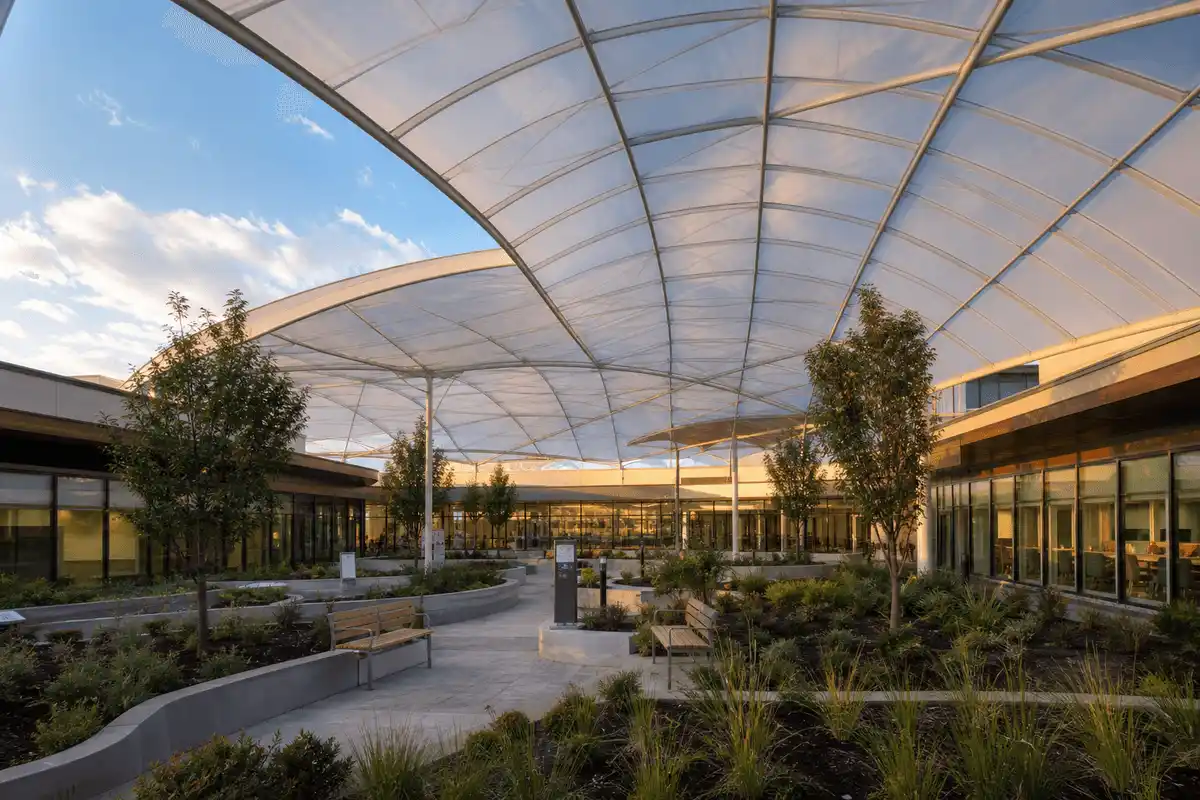 Long-span translucent ETFE roof over a healthcare facility atrium — Healthcare Facility ETFE Roofing systems