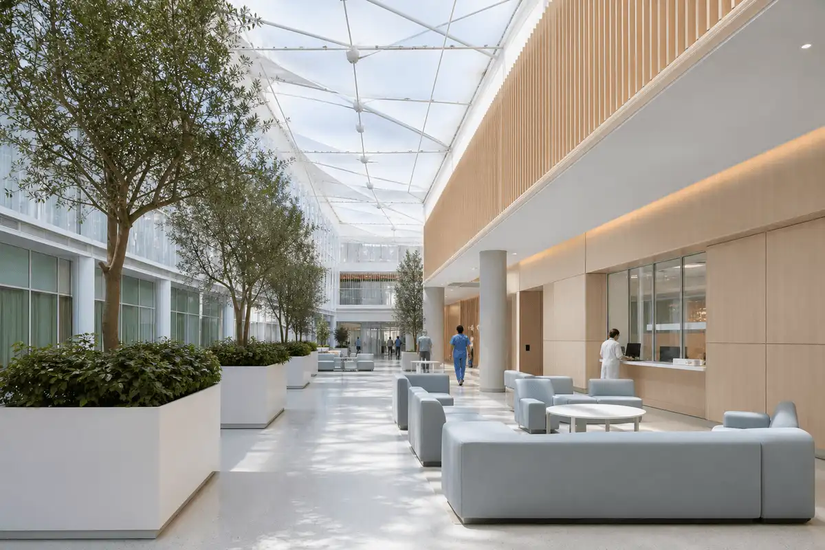 Natural daylight washing a healthcare facility atrium through an ETFE roof — Healthcare Facility ETFE Roofing systems