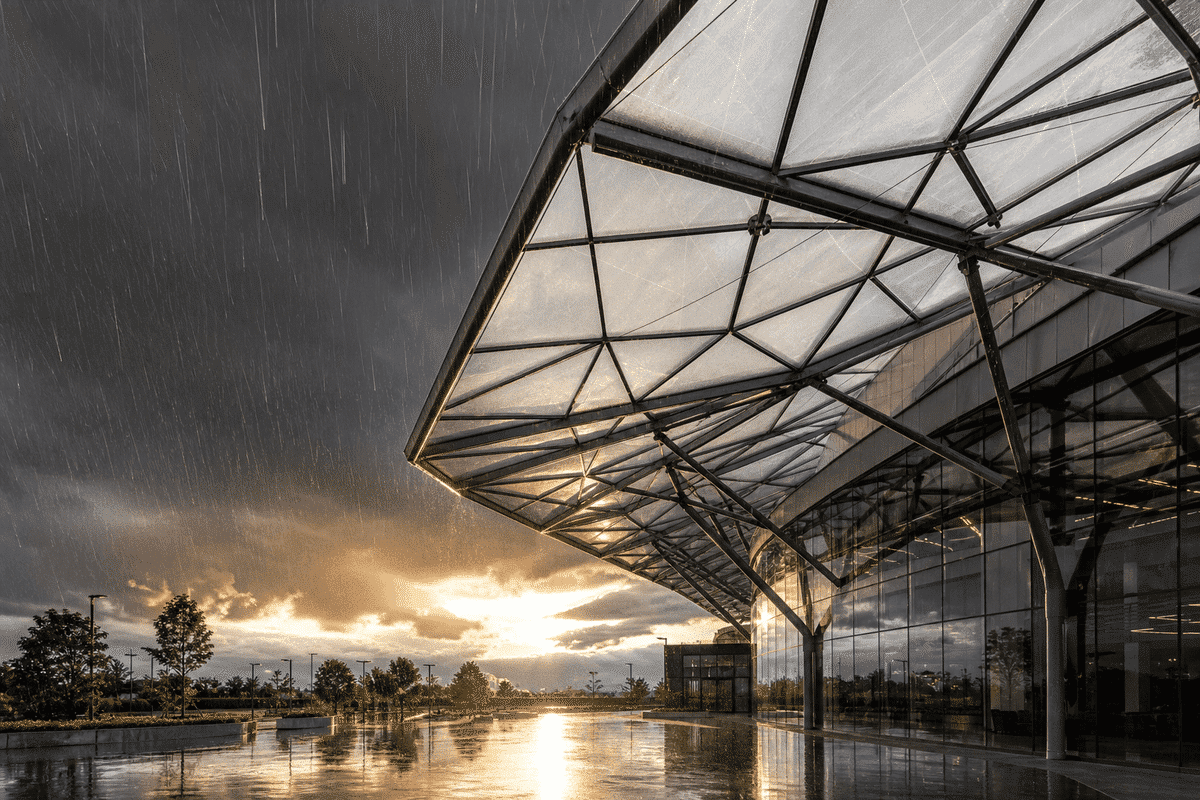 ETFE roof on a healthcare facility atrium under dramatic storm lighting and rain