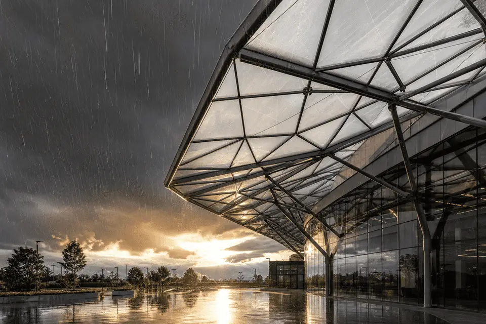ETFE roof on a healthcare facility atrium under dramatic storm lighting and rain — Healthcare Facility ETFE Roofing systems