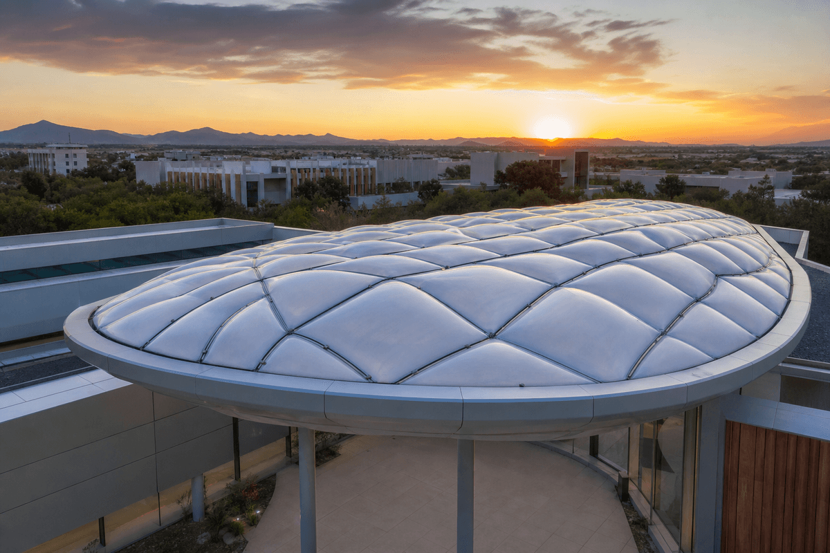 Freeform curved ETFE cushion field on a healthcare facility atrium