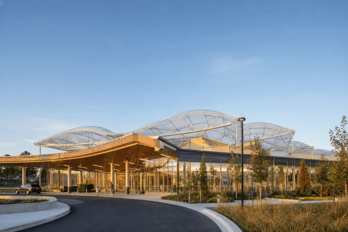 Exterior of a modern healthcare facility with ETFE roof — Healthcare Facility ETFE Roofing systems