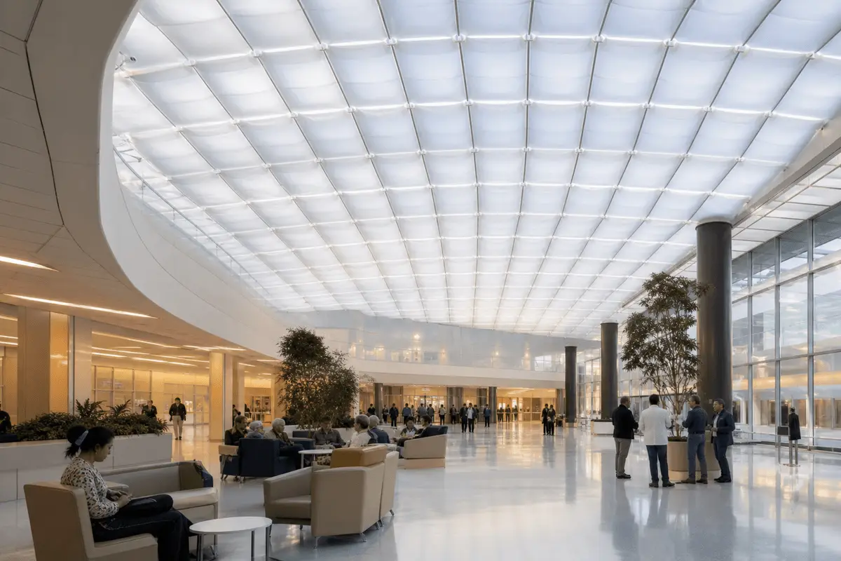 Translucent ETFE ceiling plane washing interiors with daylight — Healthcare Facility ETFE Roofing systems