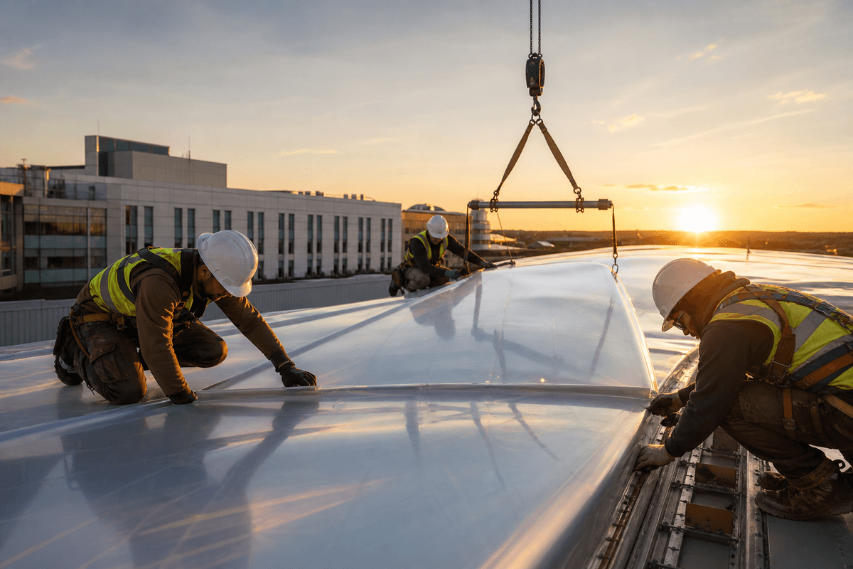 Construction crew installing ETFE modules on roof grid