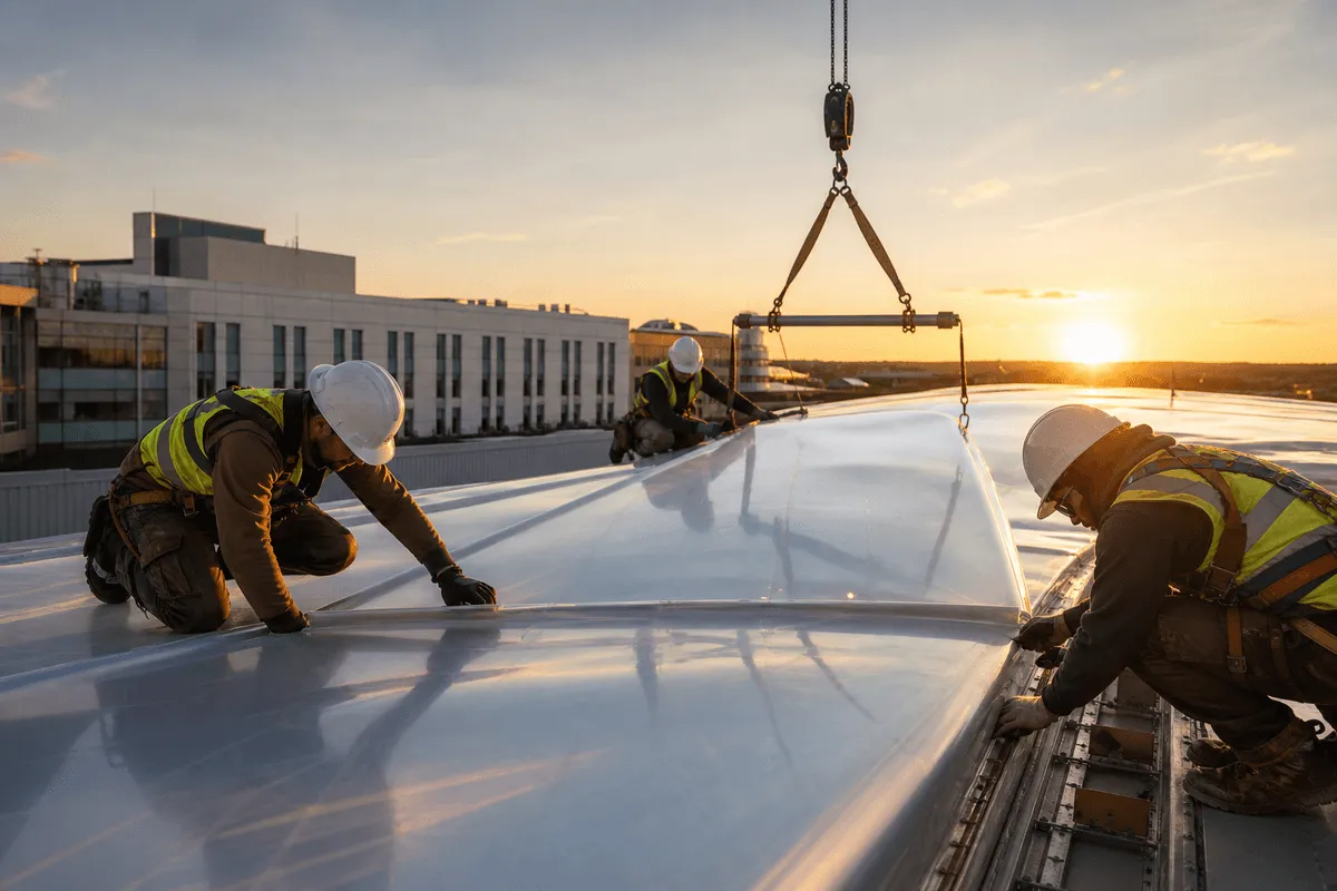 Construction crew installing ETFE modules on roof grid — Healthcare Facility ETFE Roofing