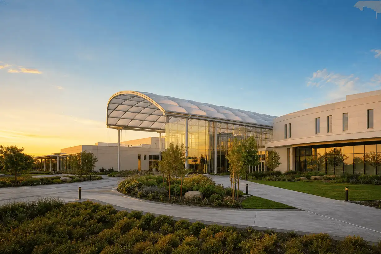 Modern modern healthcare facility with translucent ETFE daylight atrium roof — Healthcare Facility ETFE Roofing systems