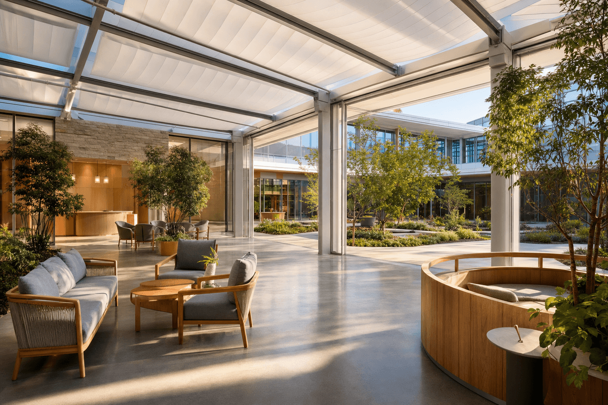 Daylit modern healthcare facility with translucent ETFE daylight atrium roof