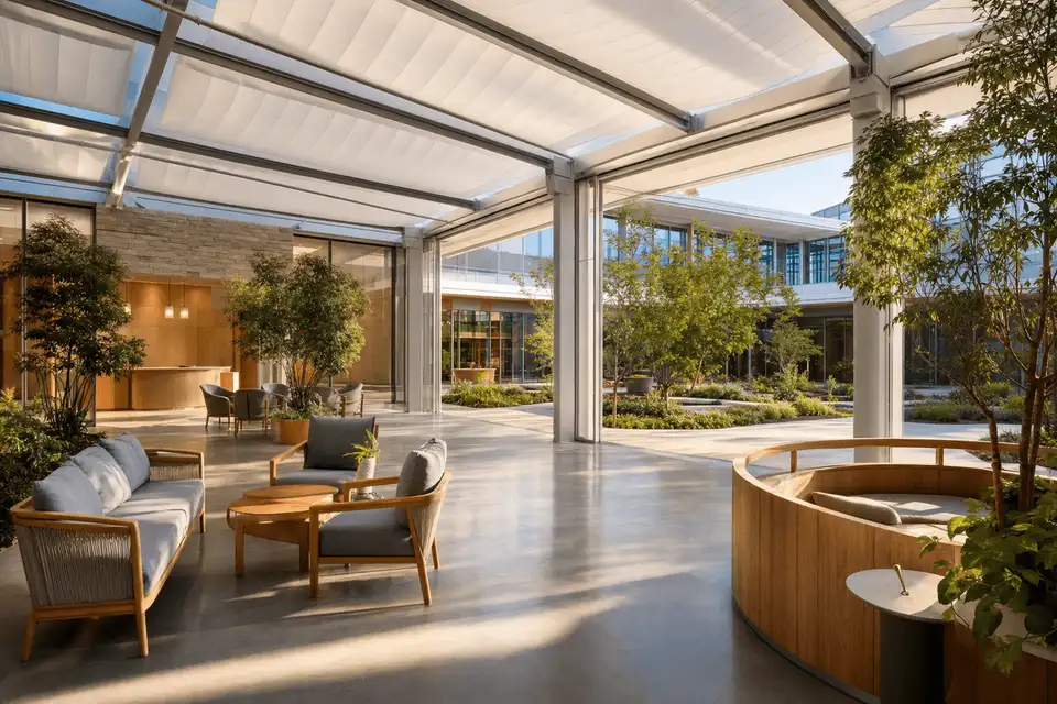 Daylit modern healthcare facility with translucent ETFE daylight atrium roof — Healthcare Facility ETFE Roofing systems