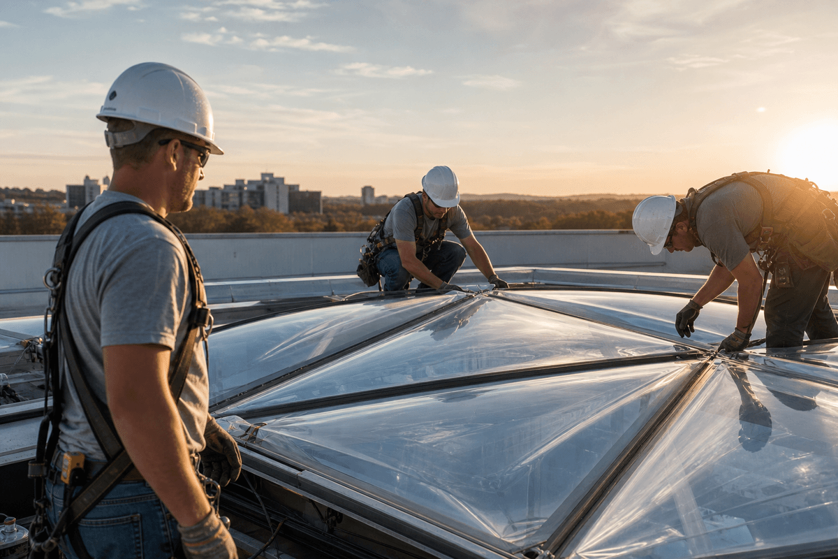 Construction crew installing ETFE cushion modules on a healthcare roof grid