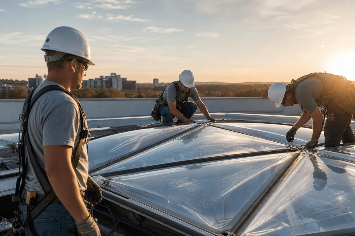 Construction crew installing ETFE cushion modules on a healthcare roof grid — Healthcare Facility ETFE Roofing systems