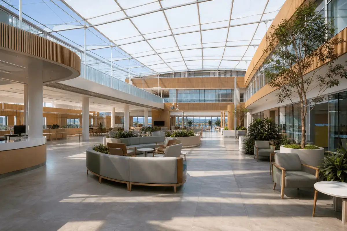 Completed healthcare atrium with translucent ETFE roof — Healthcare Facility ETFE Roofing