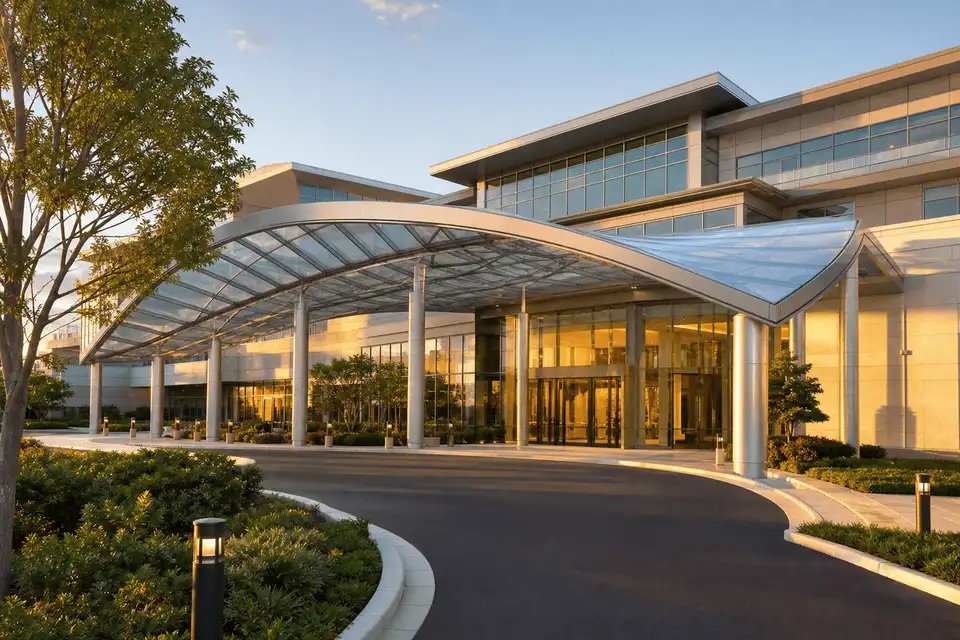 Healthcare facility entrance with elegant ETFE canopy — Healthcare Facility ETFE Roofing