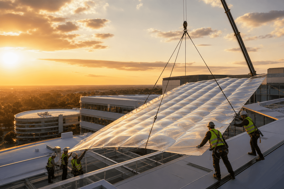 Still of multi-layer ETFE air cushion installation on a healthcare roof
