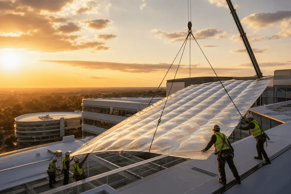 Still of multi-layer ETFE air cushion installation on a healthcare roof — Healthcare Facility ETFE Roofing systems