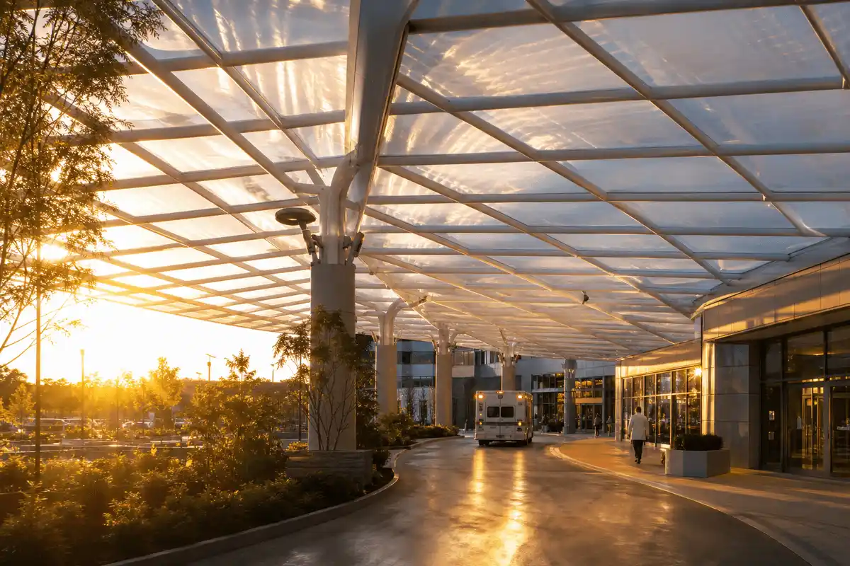 Still of daylight moving across a translucent ETFE healthcare canopy — Healthcare Facility ETFE Roofing systems