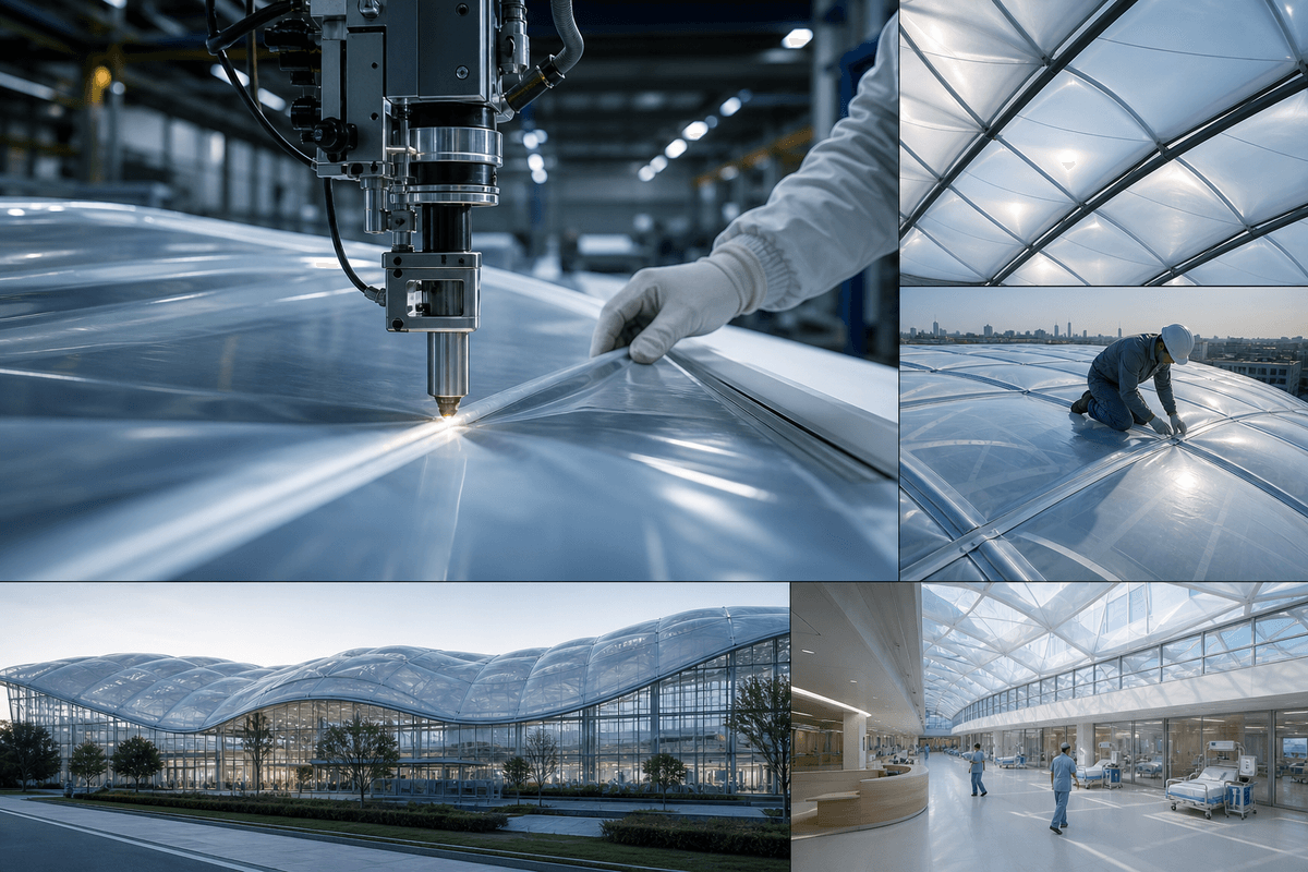 Still of precision welding and fabrication of ETFE film modules