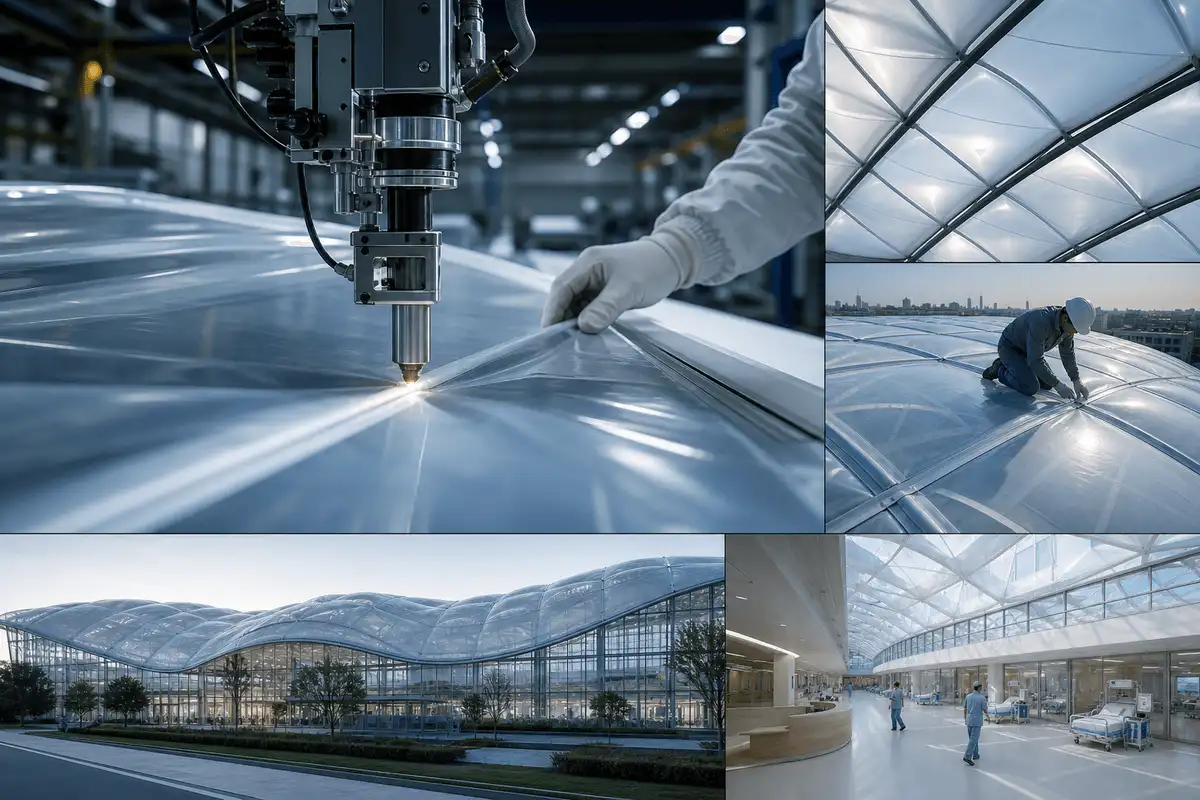 Still of precision welding and fabrication of ETFE film modules — Healthcare Facility ETFE Roofing systems