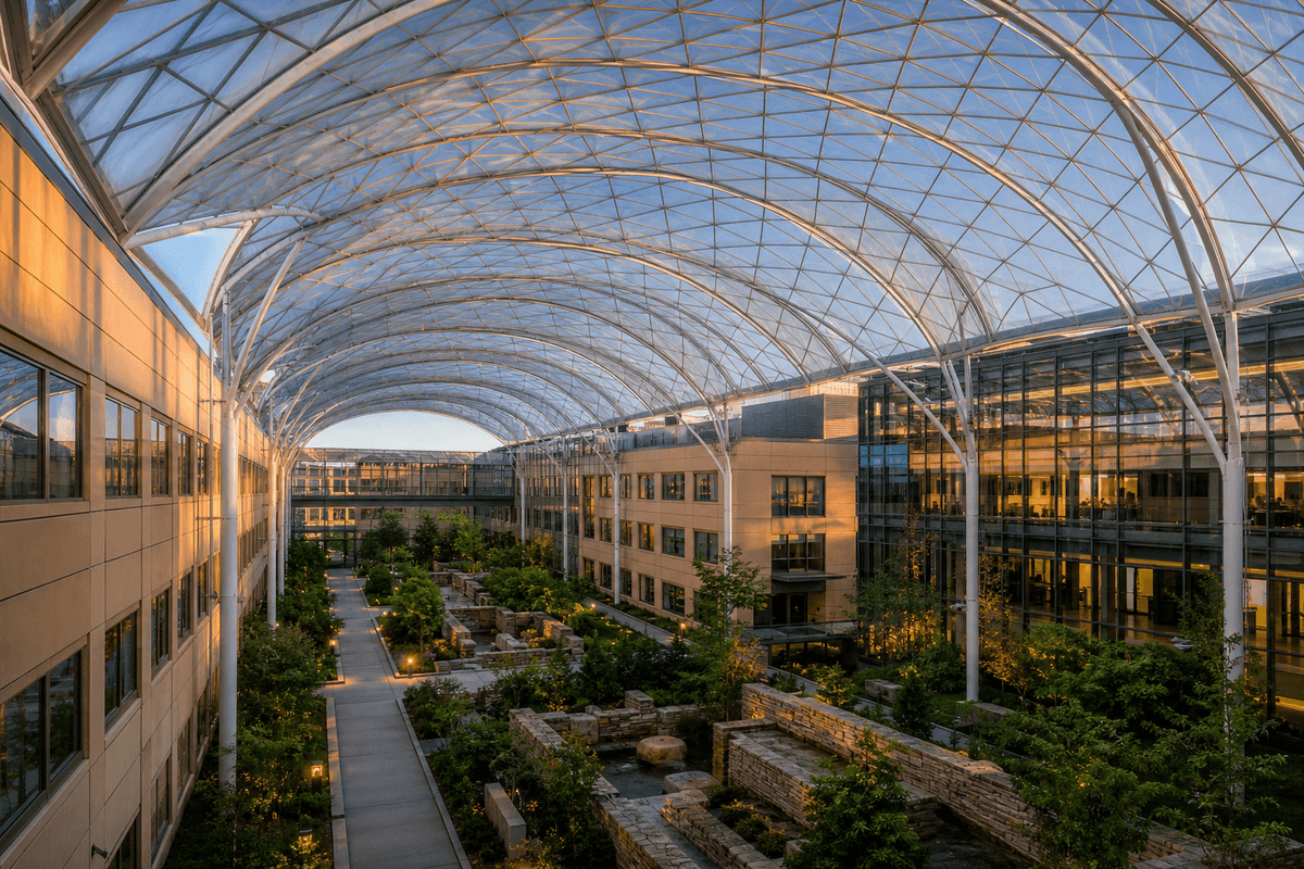 Long-span translucent ETFE roof over a hospital atrium courtyard