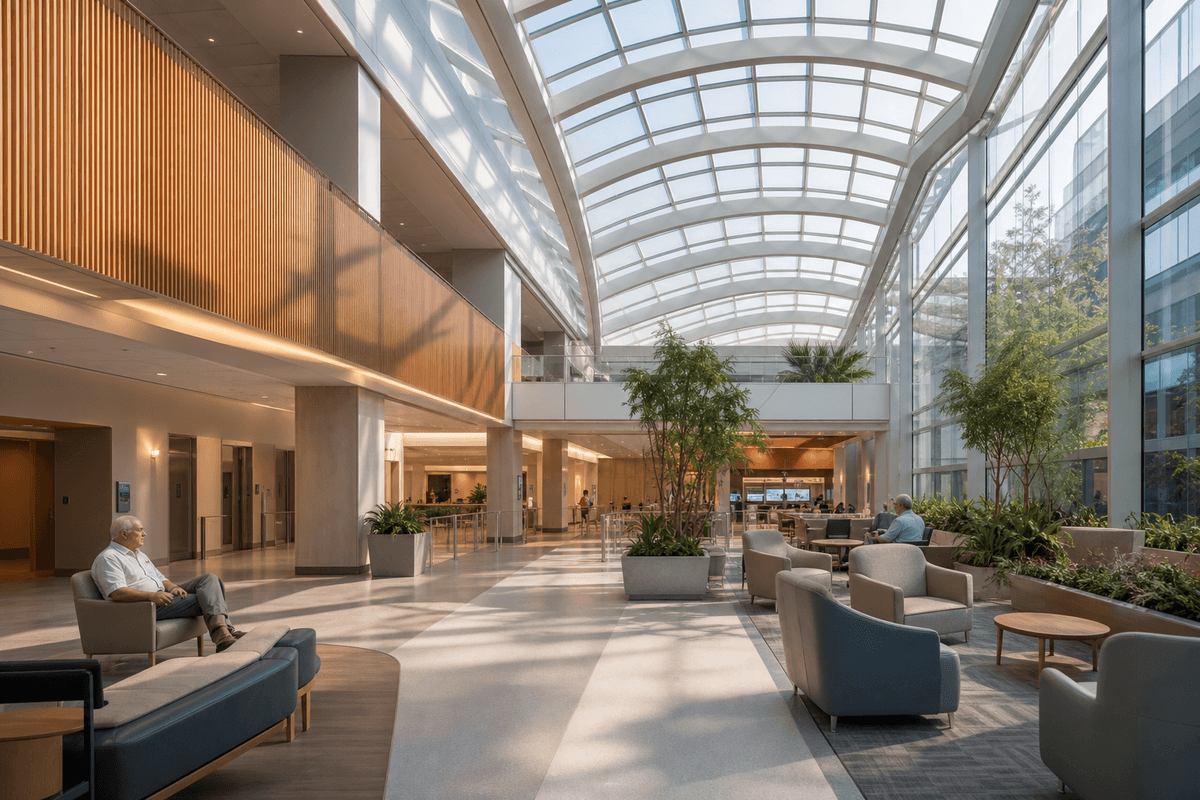 Natural daylight washing a hospital atrium through an ETFE roof