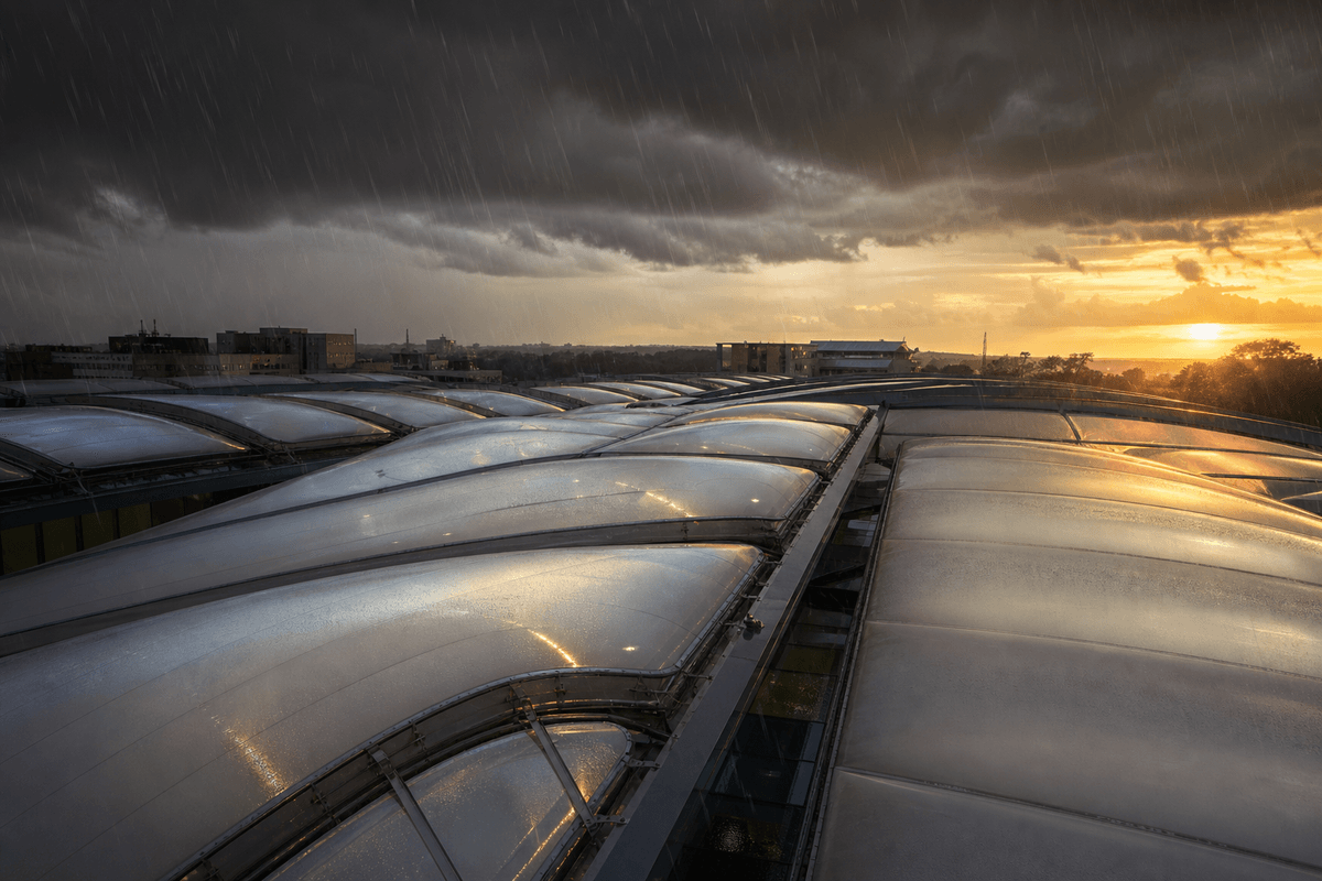 ETFE hospital roof under dramatic storm lighting and rain