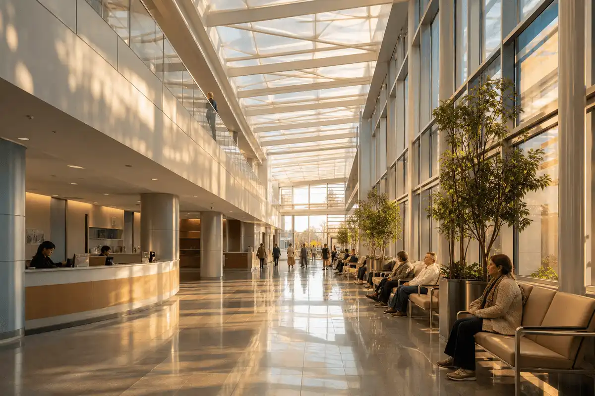 Hospital waiting hall with a translucent ETFE ceiling plane — Hospital ETFE Roofing systems