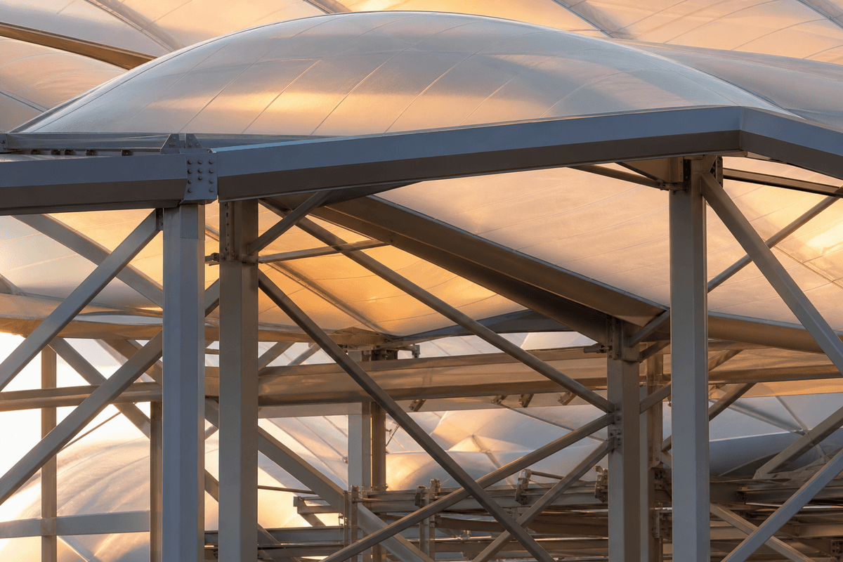 Steel grid structure supporting hospital ETFE roof cushions