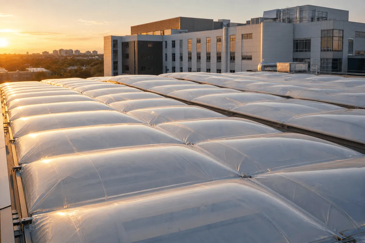Close view of multi-layer ETFE air cushions on a hospital roof — Hospital ETFE Roofing systems