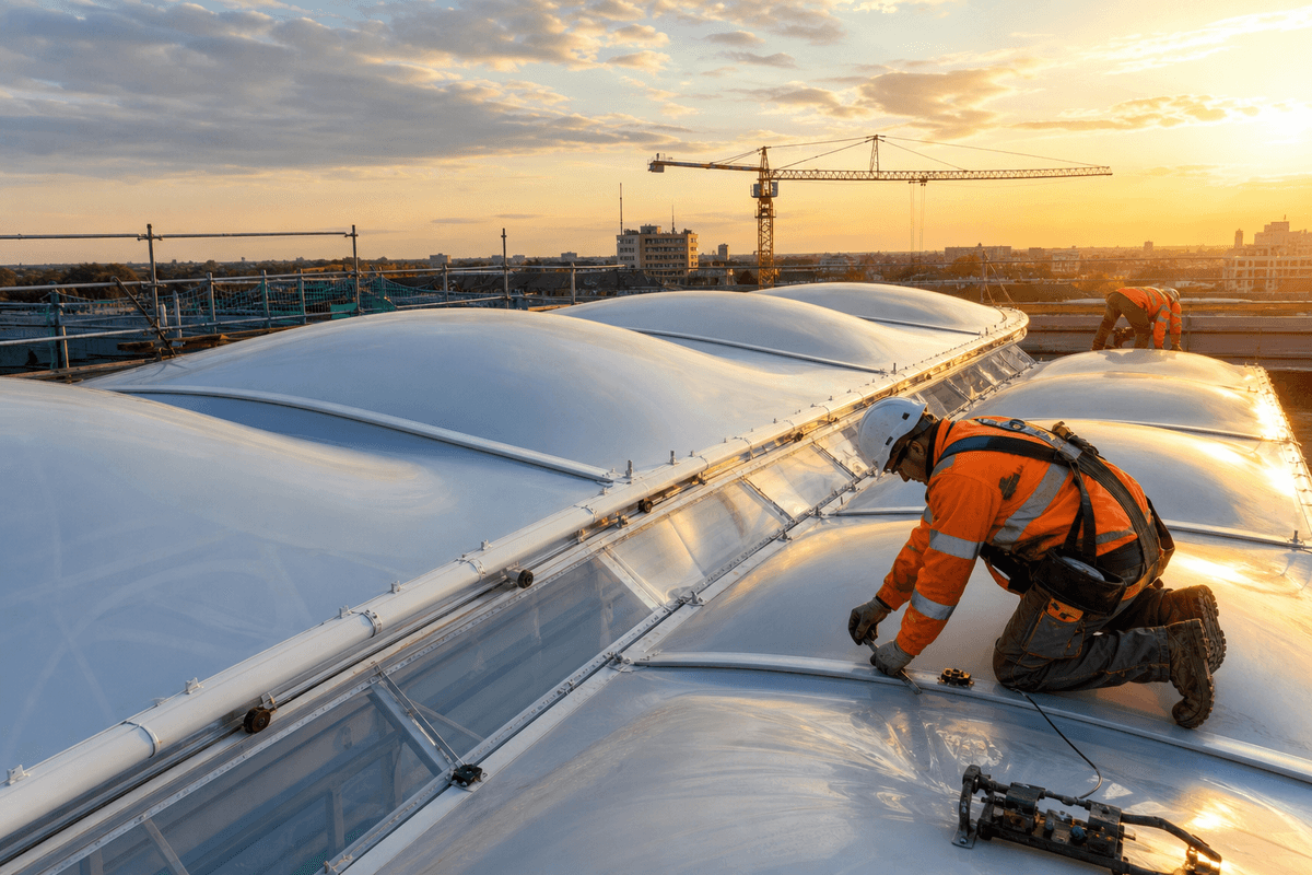 Construction crew installing ETFE modules on a hospital roof