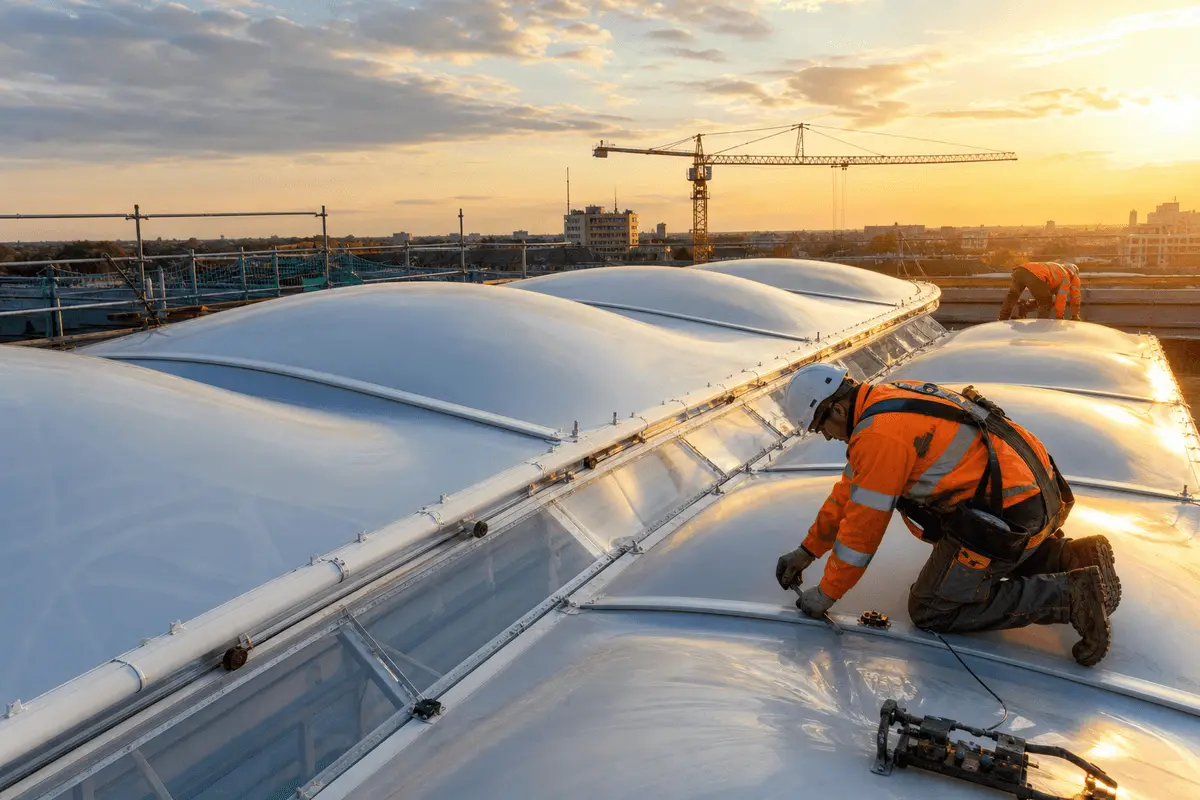 Construction crew installing ETFE modules on a hospital roof — Hospital ETFE Roofing systems