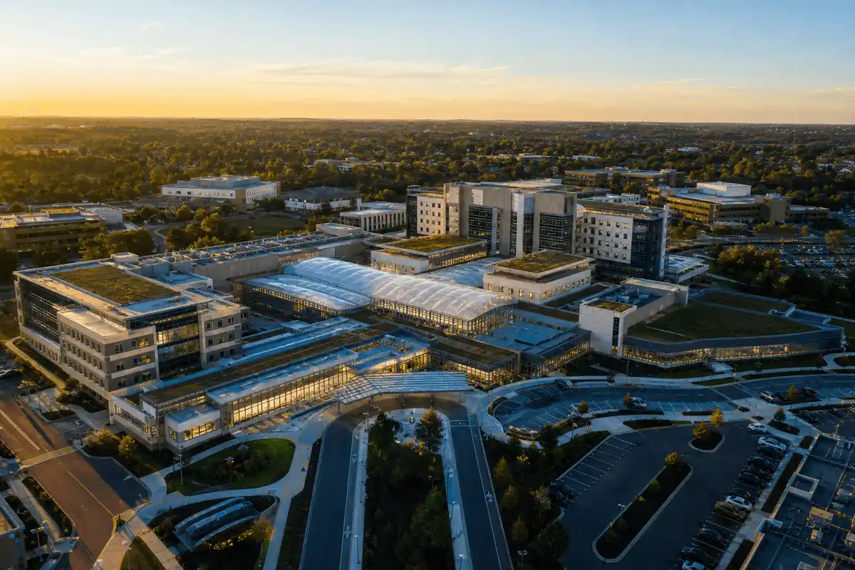 Completed hospital campus with translucent ETFE roof from above — Hospital ETFE Roofing systems