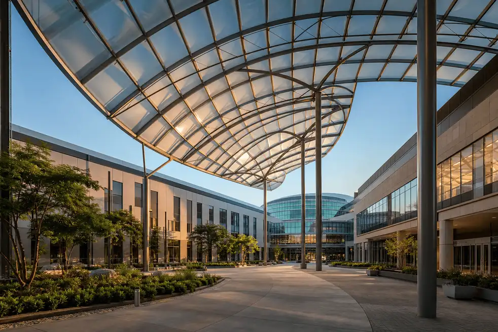 Modern hospital campus with translucent ETFE daylight roof atrium at golden hour — Hospital ETFE Roofing systems
