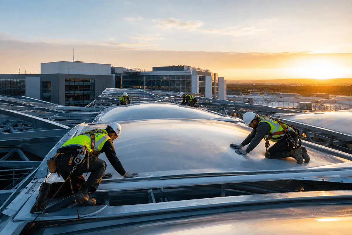 Construction crew installing ETFE cushion modules on a hospital roof grid — Hospital ETFE Roofing systems