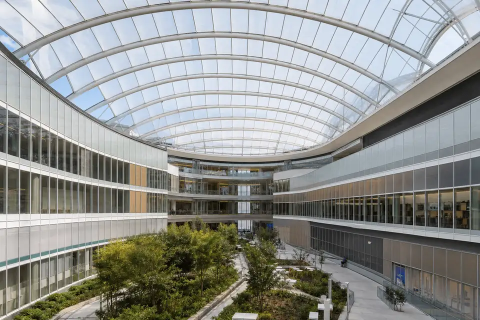 Hospital courtyard interior with sweeping ETFE skylight roof — Hospital ETFE Roofing systems