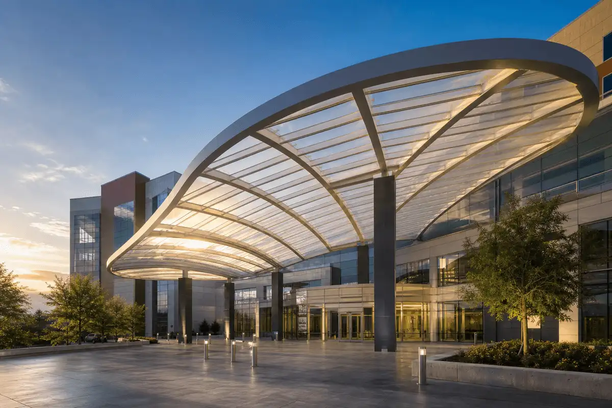 Hospital entrance with elegant ETFE canopy — Hospital ETFE Roofing