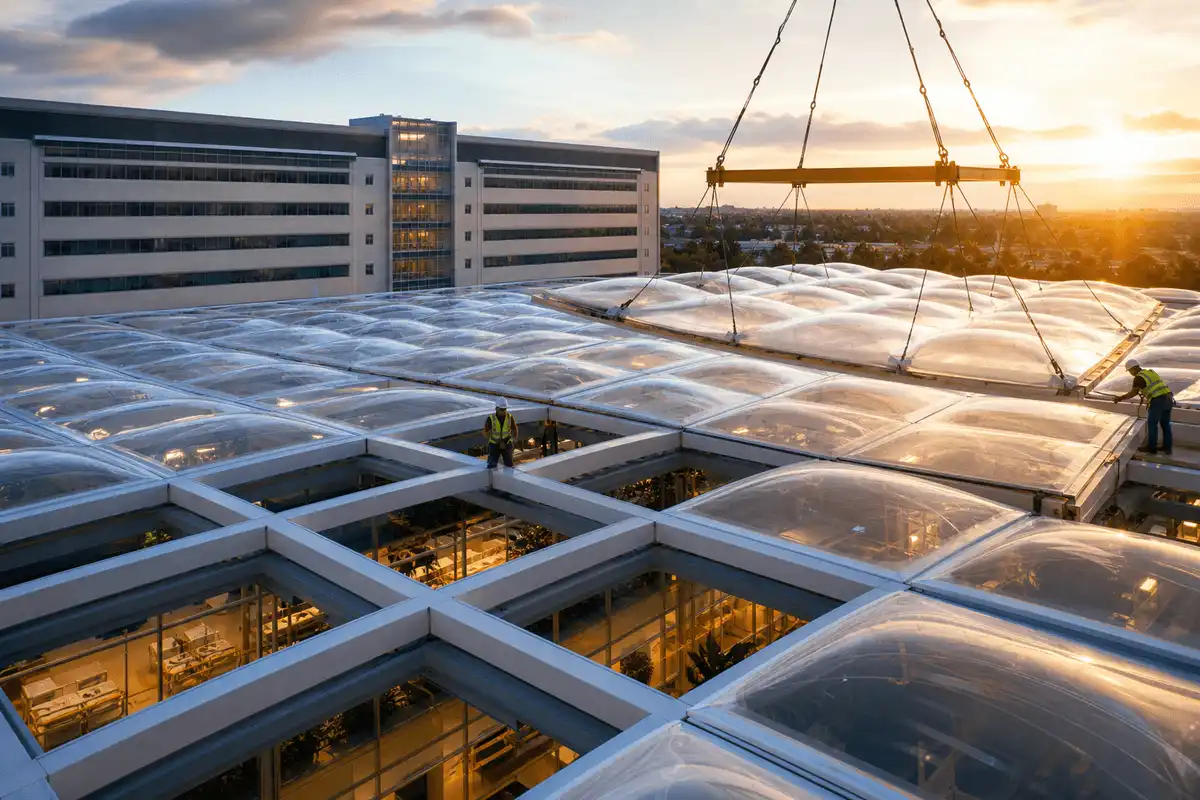 Still of multi-layer ETFE air cushion installation on a hospital atrium roof — Hospital ETFE Roofing systems