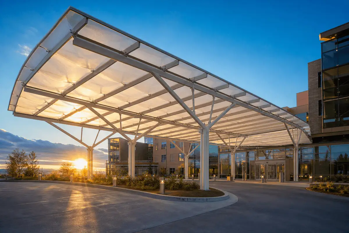 Still of daylight moving across a translucent ETFE hospital canopy — Hospital ETFE Roofing systems