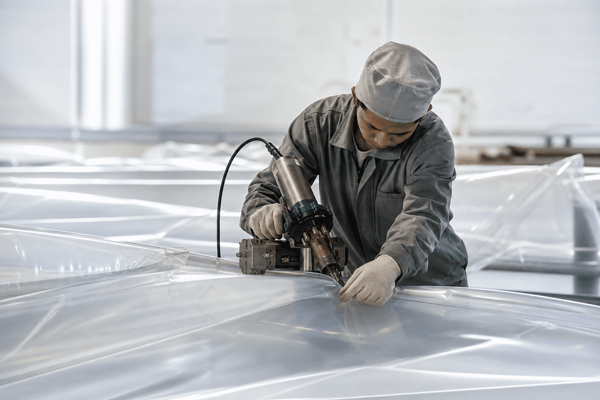 Still of precision welding and fabrication of ETFE film modules