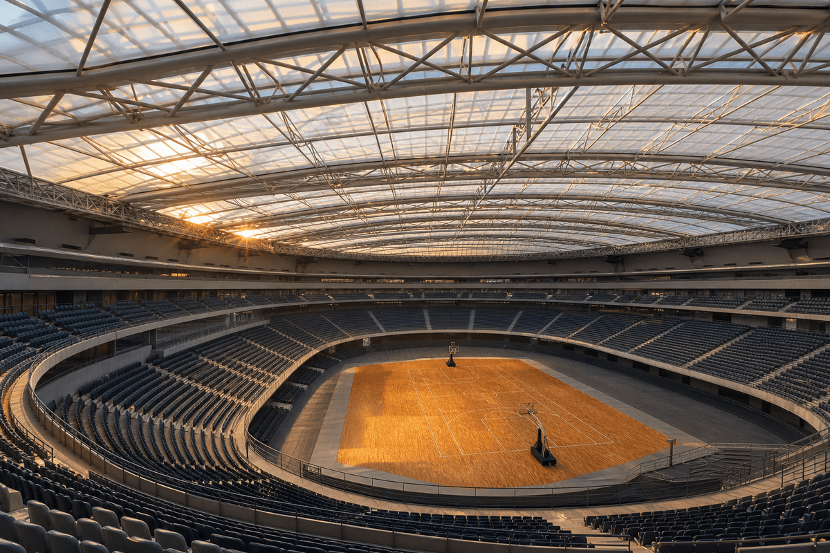 Long-span translucent ETFE roof over an indoor sports arena bowl