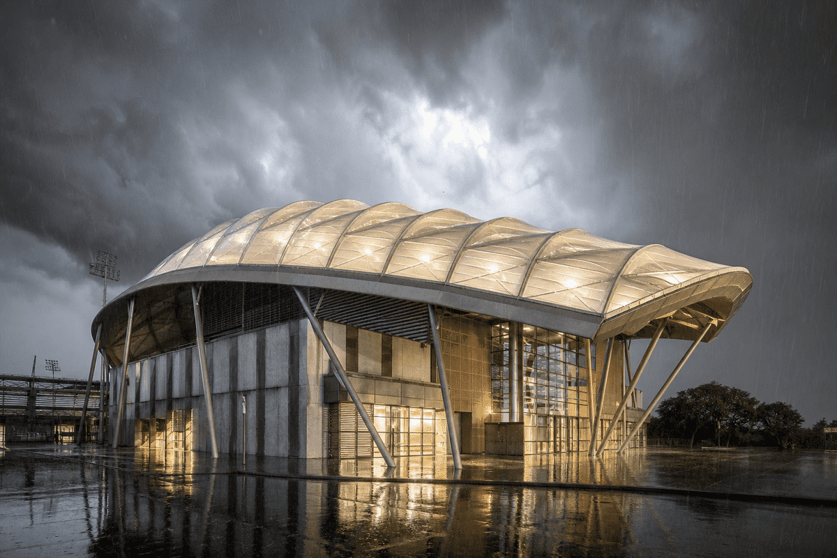 ETFE roof on an indoor sports arena bowl under dramatic storm lighting and rain