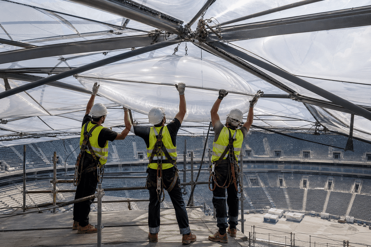 Construction crew installing ETFE cushion modules on a arena roof grid