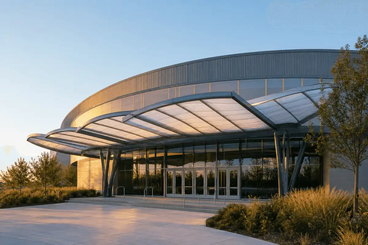Indoor sports arena entrance with elegant ETFE canopy — Indoor Sports Arena ETFE Roofing