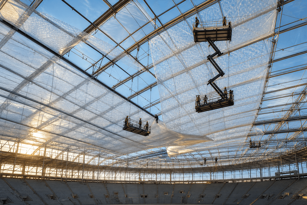 Still of multi-layer ETFE air cushion installation on a arena roof