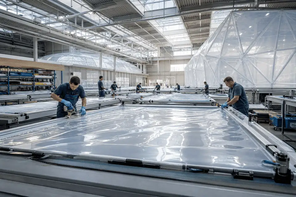 Still of precision welding and fabrication of ETFE film modules — Indoor Sports Arena ETFE Roofing systems
