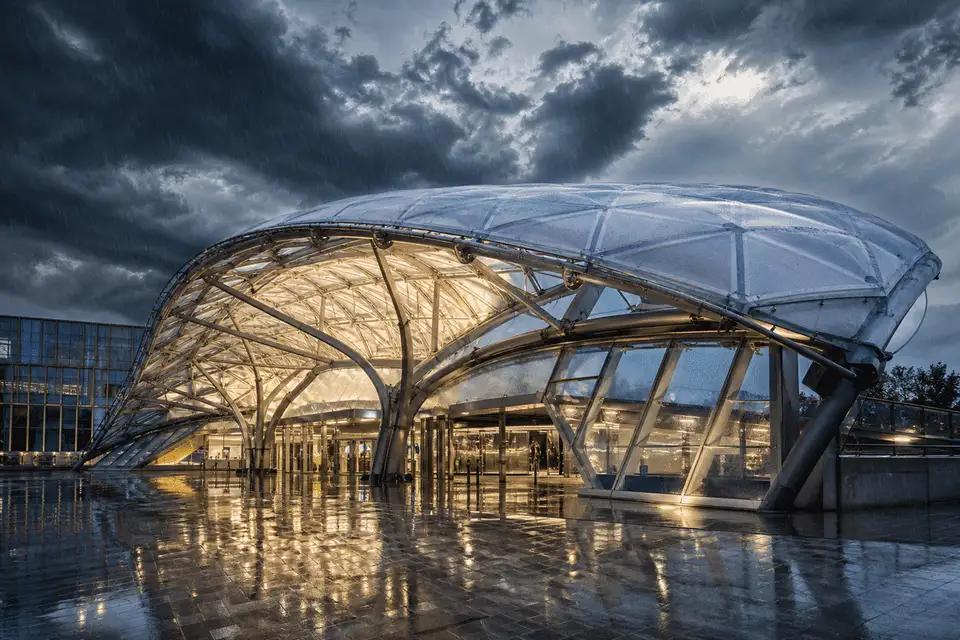 ETFE metro station roof under storm lighting and rain — Metro Station ETFE Roofing