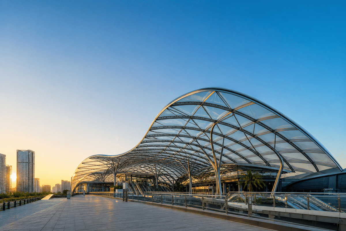Exterior silhouette of a modern metro station ETFE roof