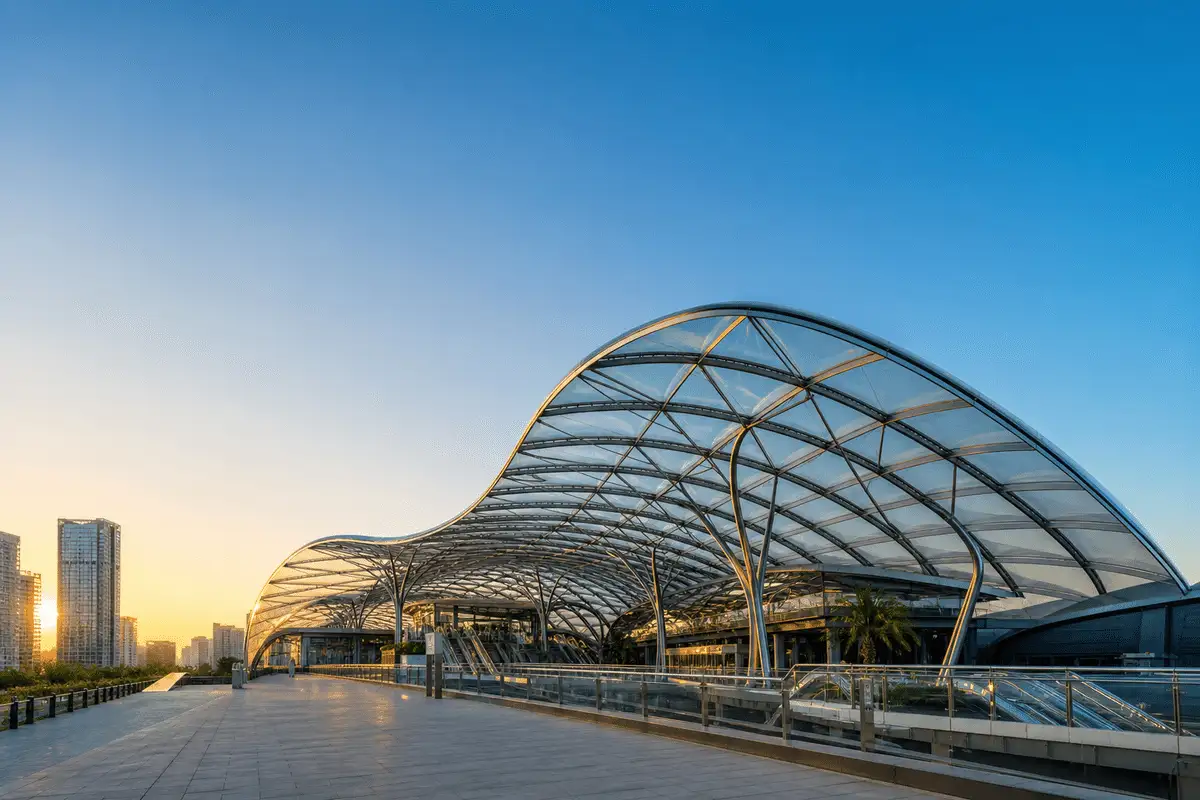 Exterior silhouette of a modern metro station ETFE roof — Metro Station ETFE Roofing systems