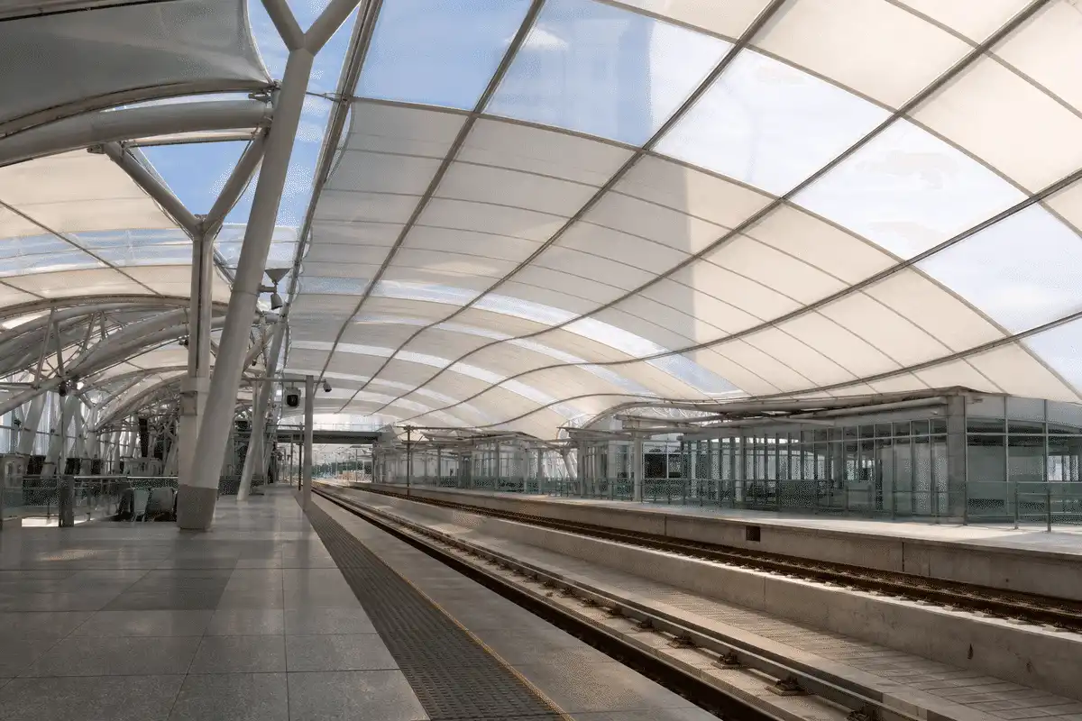 Metro interior looking up at a daylit ETFE cushion roof — Metro Station ETFE Roofing systems