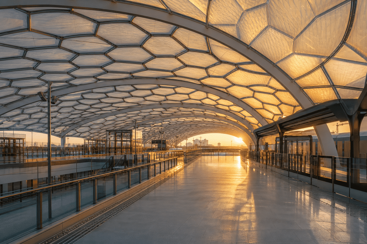 Concourse under a luminous ETFE air cushion roof