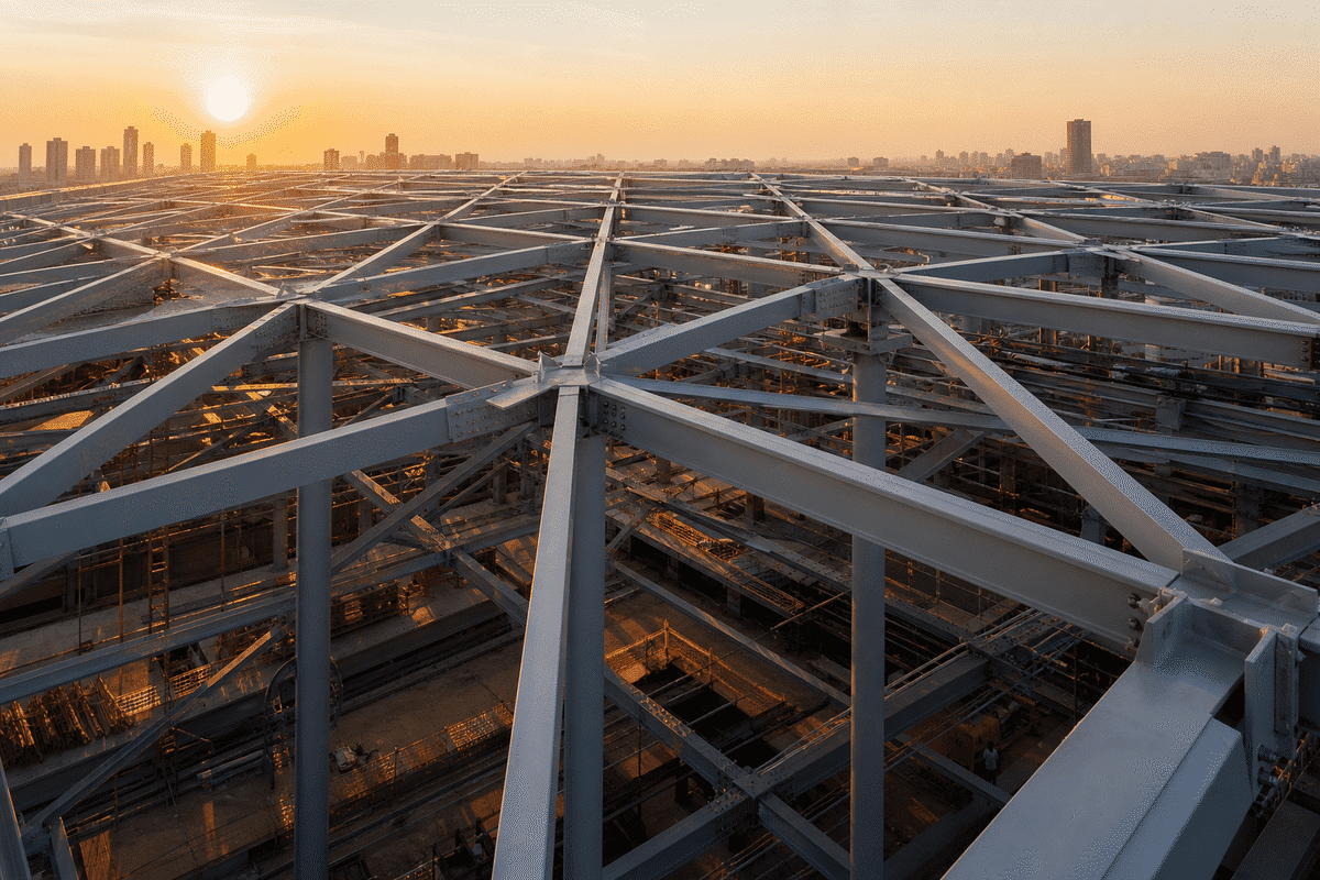 Primary steel roof grid prepared for metro ETFE cushions