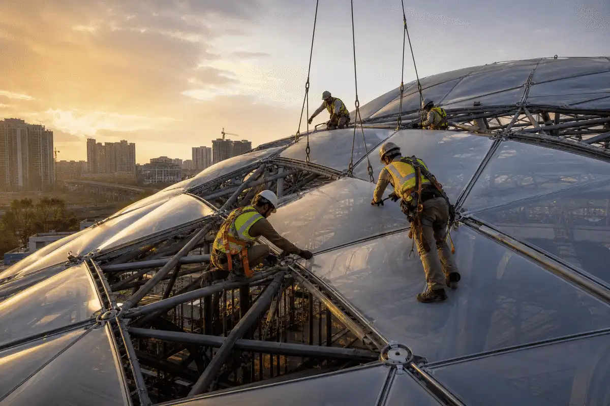 Construction stage installing ETFE modules on metro steel grid — Metro Station ETFE Roofing systems
